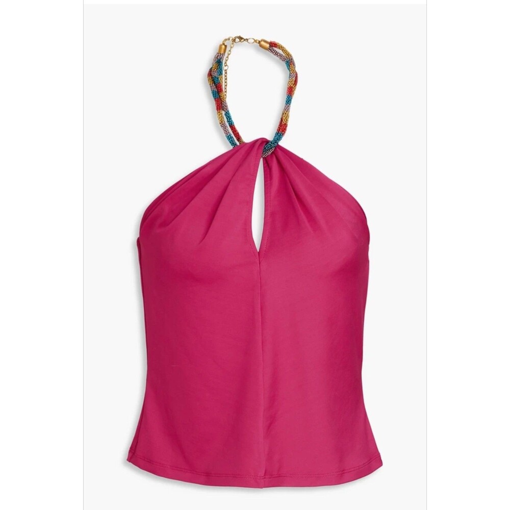 Veronica Beard Akeeva Top 0 Fuchsia Pink Beaded Halter Neck Keyhole Cutout